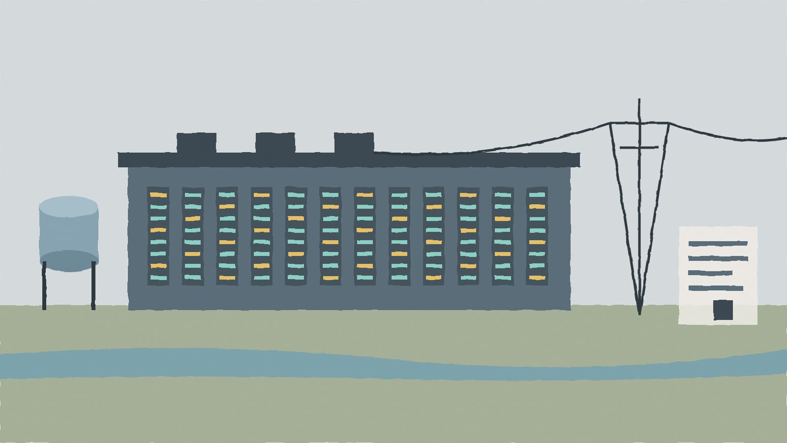Data center and power lines - illustration, Jake Team LLC