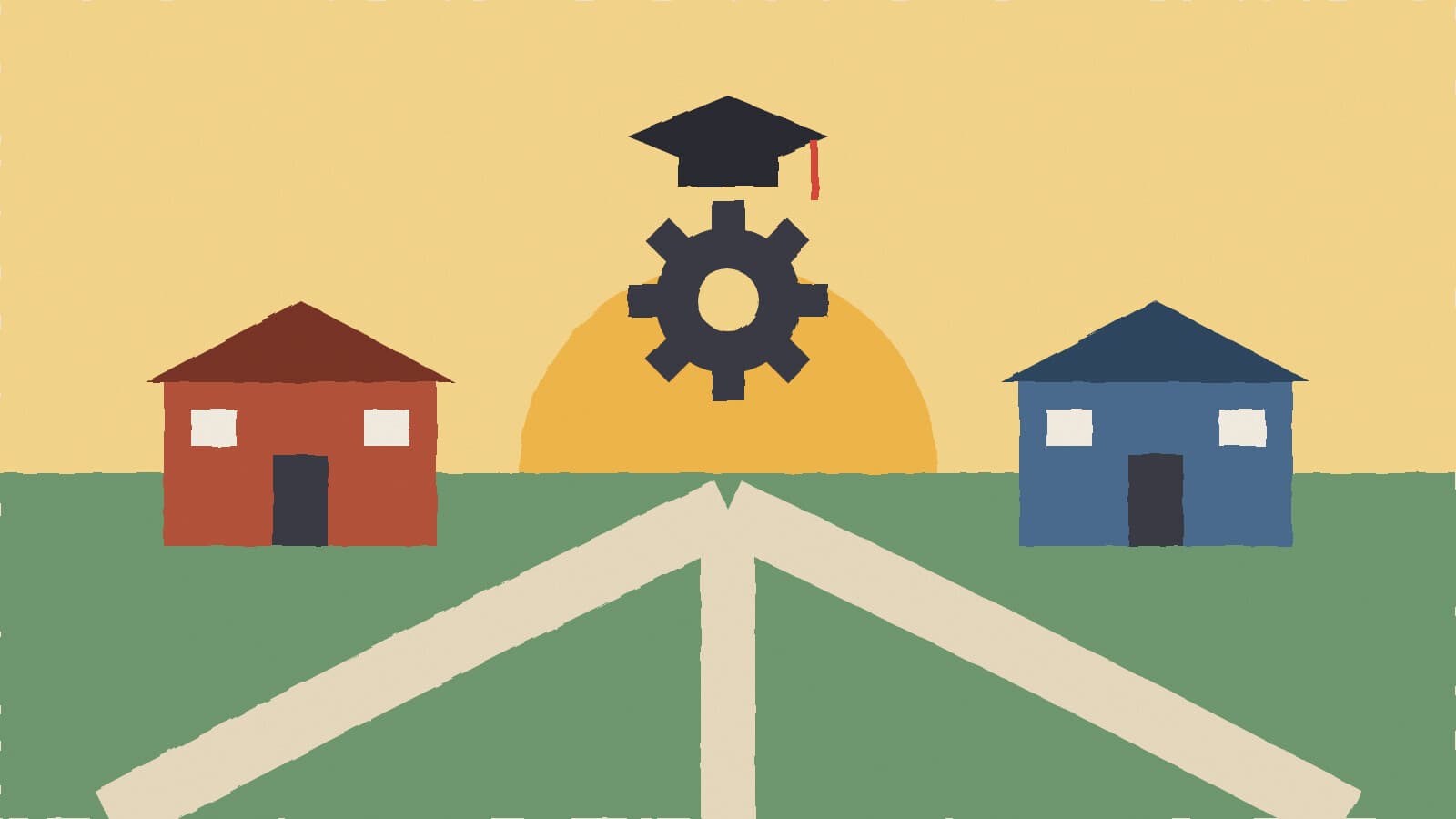 Two schools sharing a pathway - illustration, Jake Team LLC