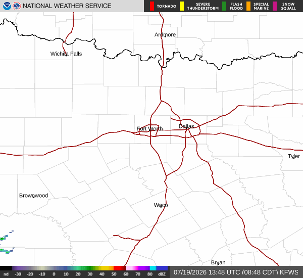 Latest National Weather Service radar for North Texas (KFWS radar). Source: radar.weather.gov.