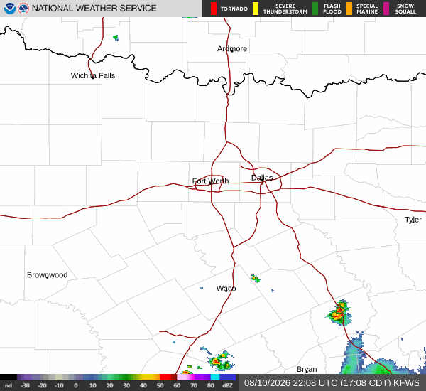 Latest National Weather Service radar for North Texas (KFWS radar). Source: radar.weather.gov.