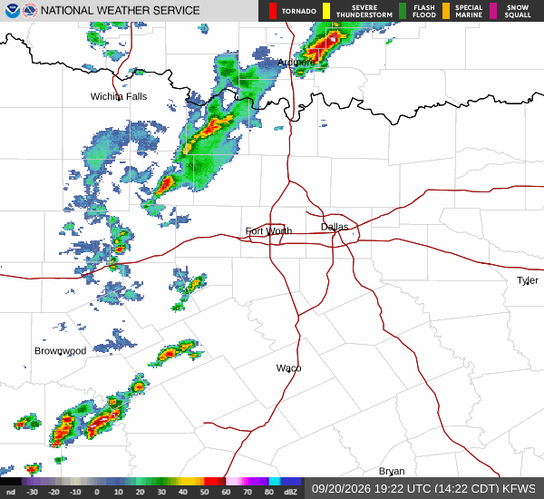 Latest National Weather Service radar for North Texas (KFWS radar). Source: radar.weather.gov.