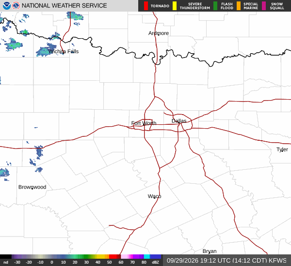 Latest National Weather Service radar for North Texas (KFWS radar). Source: radar.weather.gov.