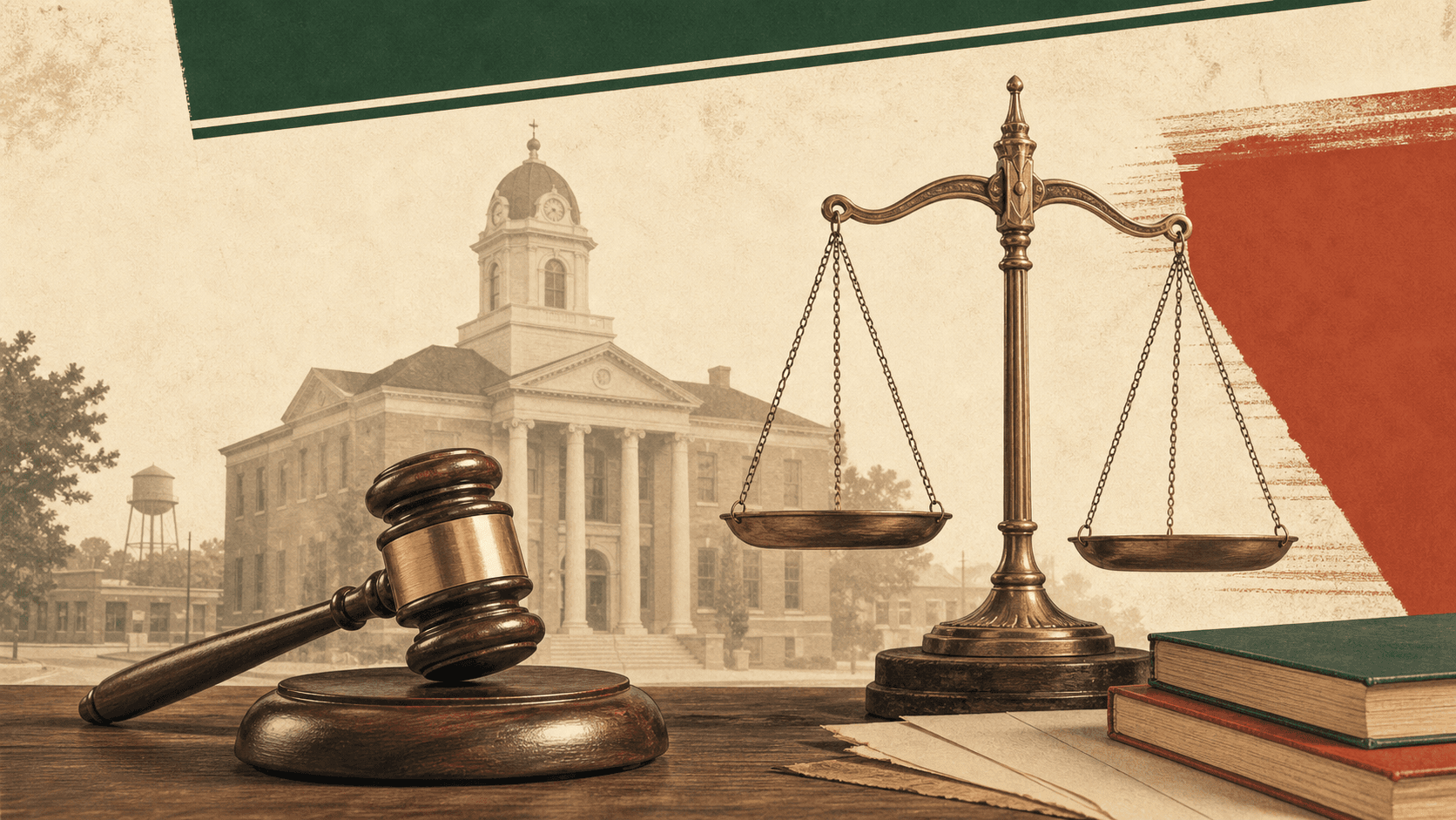 Small-town Texas courthouse illustration with a gavel and scales of justice.