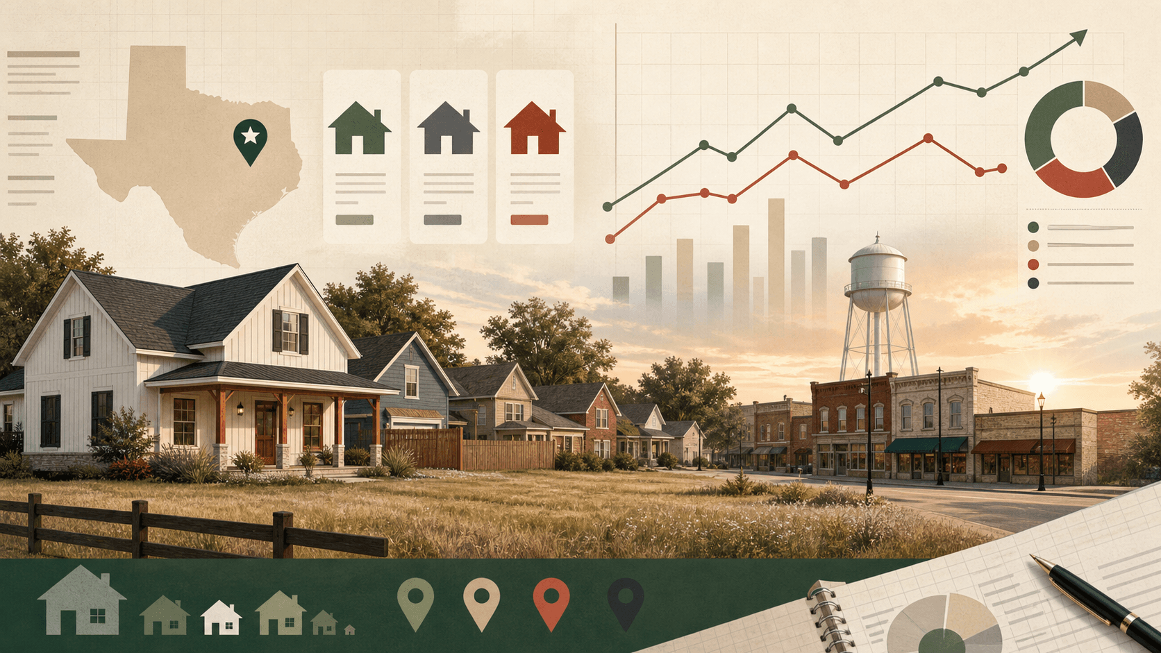 Editorial illustration of a Howe, Texas housing market report with homes, chart lines and small-town real estate symbols