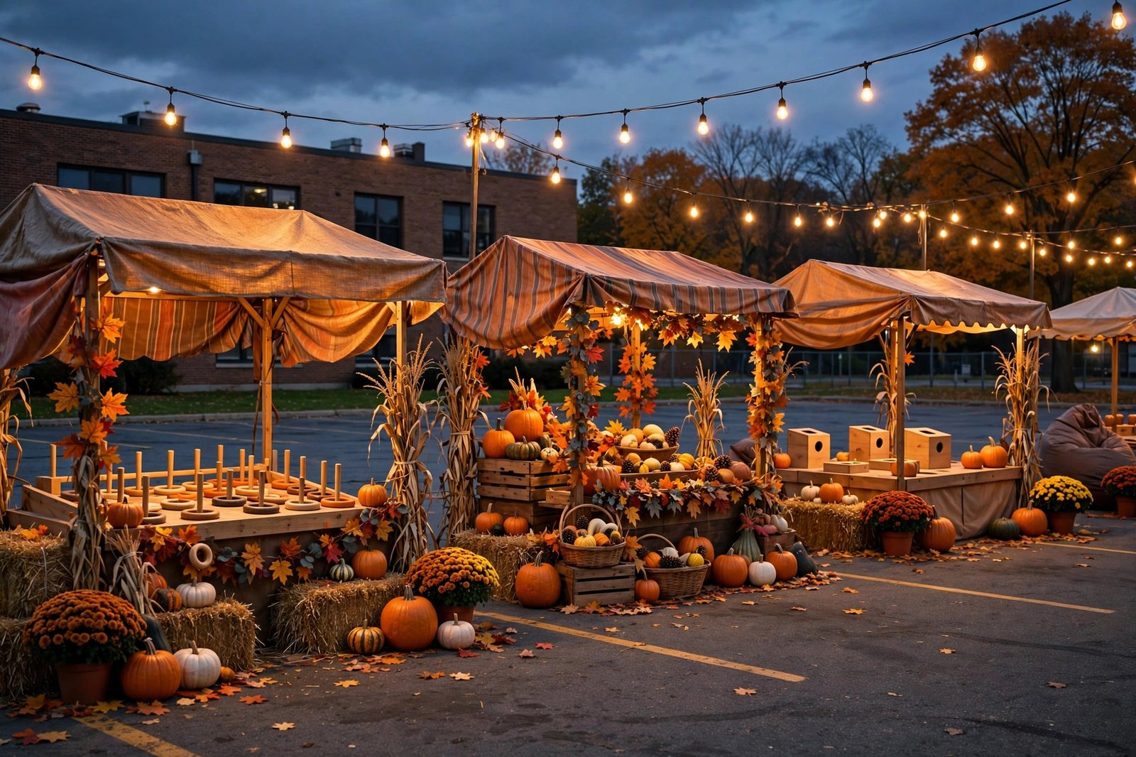 School fall festival with carnival booths and string lights at dusk - illustration