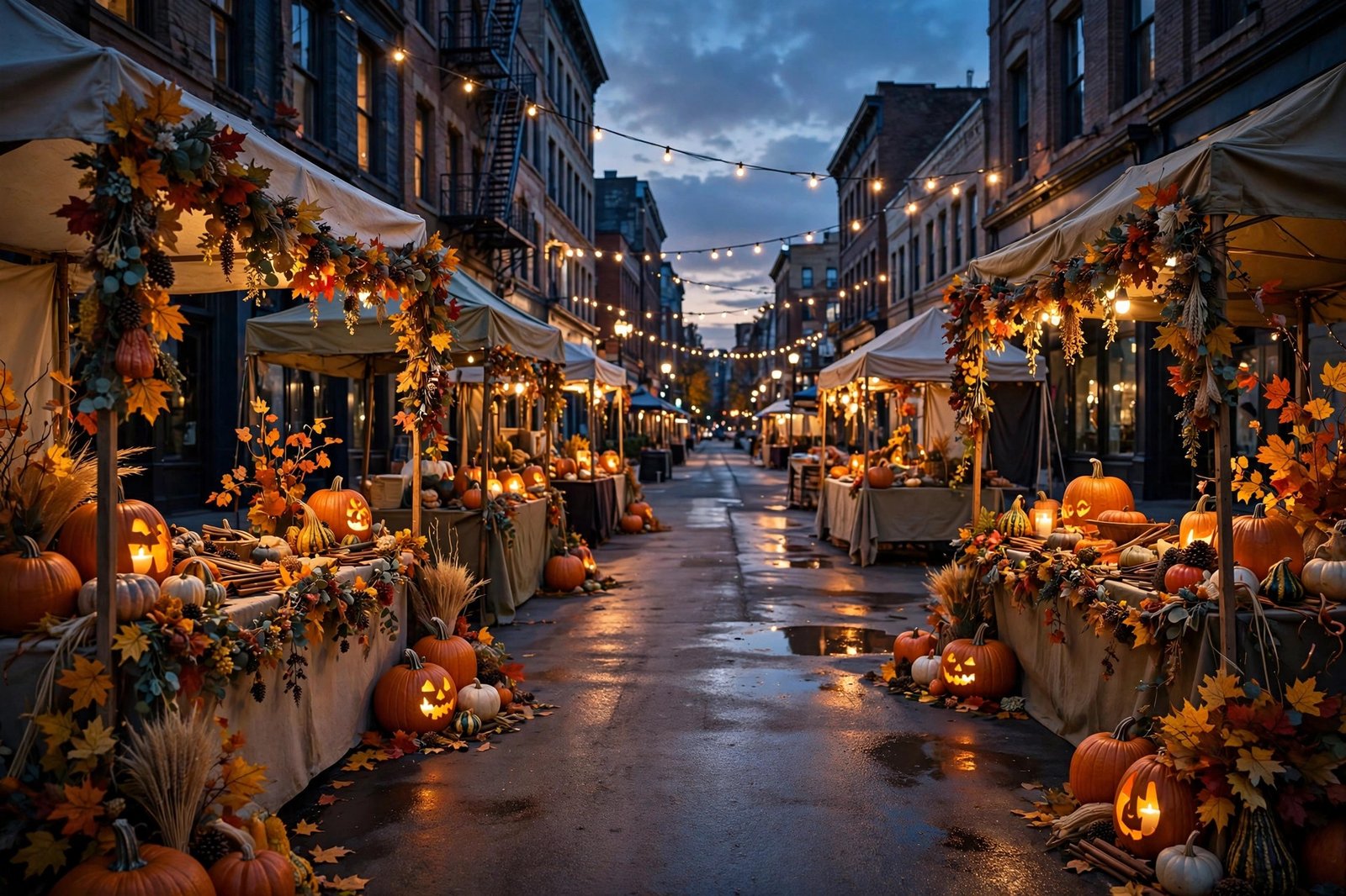 Downtown street decorated for Halloween with vendor booths at dusk - illustration